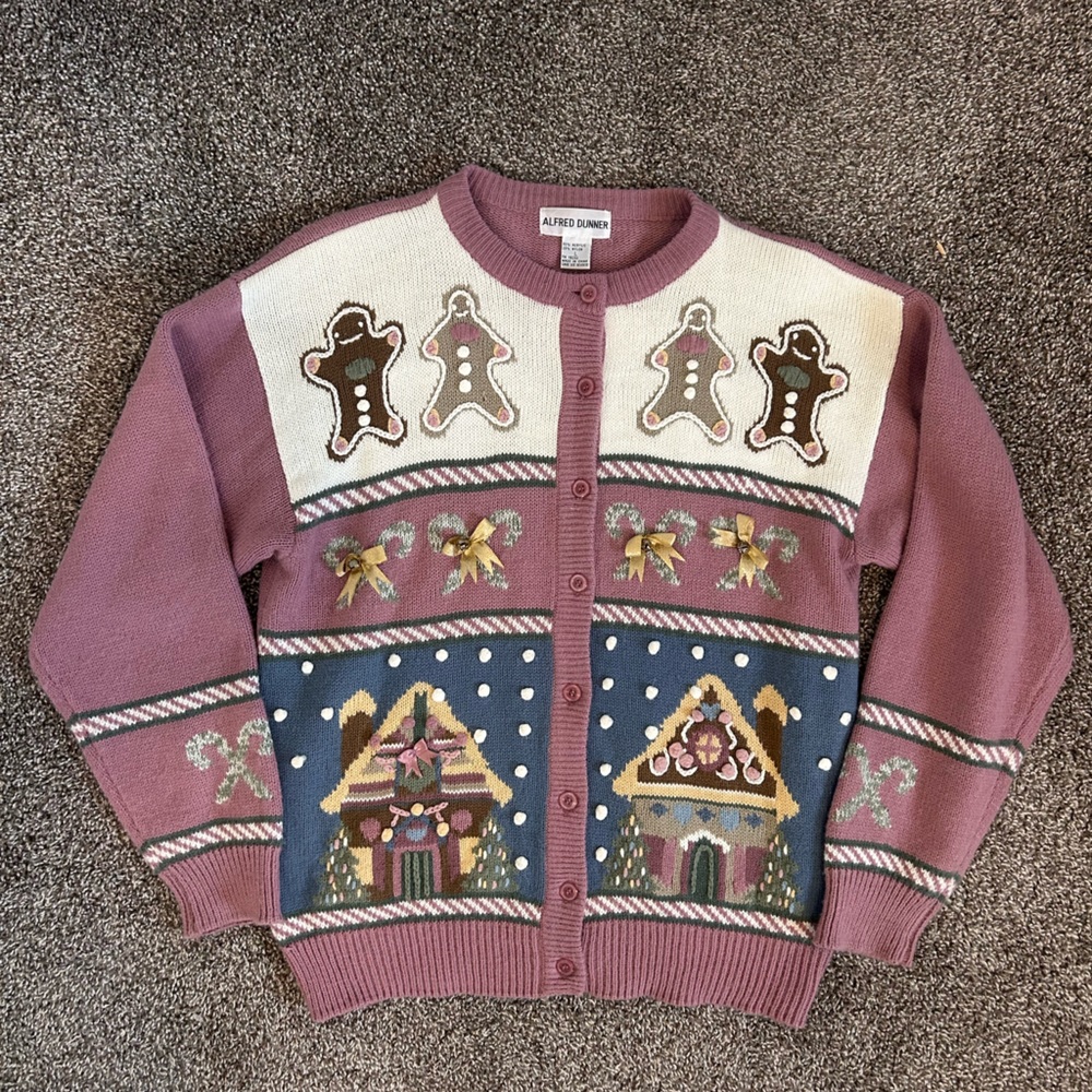 Vintage Gingerbread Christmas Sweater Button Up Cardigan Women’s Size L